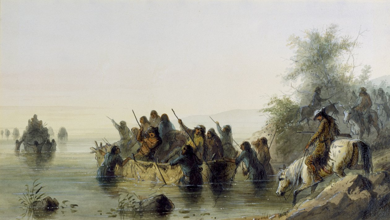 Bull Boating, 1858-60 (wc na papierze) autorstwa Alfred Jacob Miller