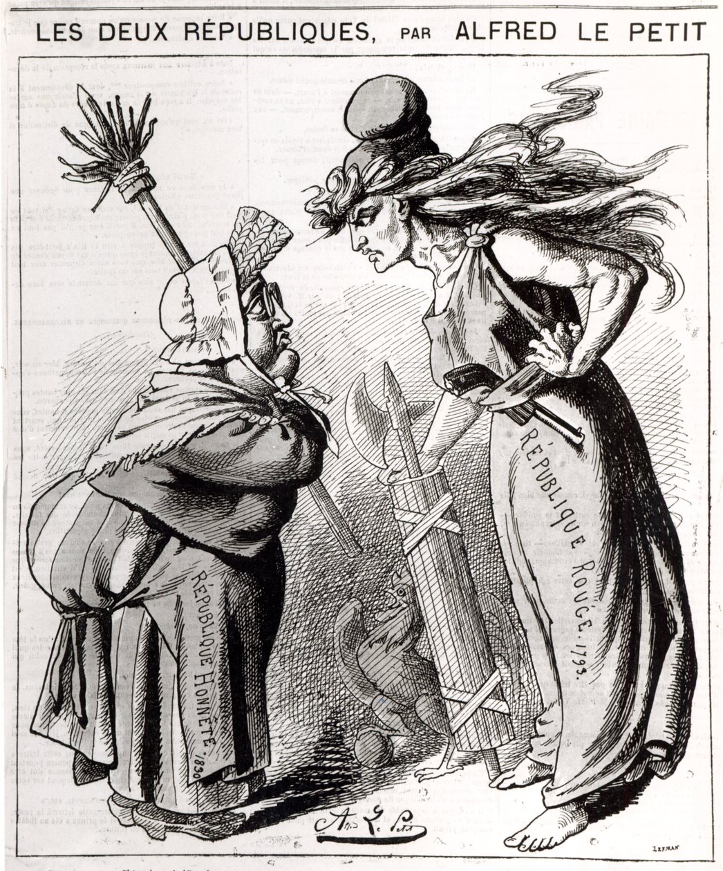 Karykatura przedstawiająca Socjalną Republikę Francuską przeciwko Konserwatywnej Republice Francuskiej z „Le Grelot”, 1872 autorstwa Alfred Le Petit