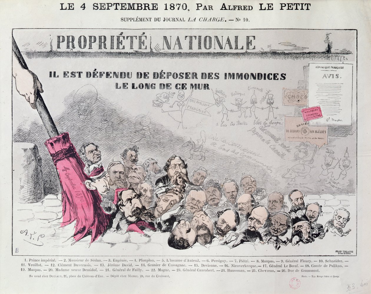 „Nie rzucaj śmieci pod ten mur”, karykatura polityków II Cesarstwa, z „La Charge”, 4 września 1870 autorstwa Alfred Le Petit