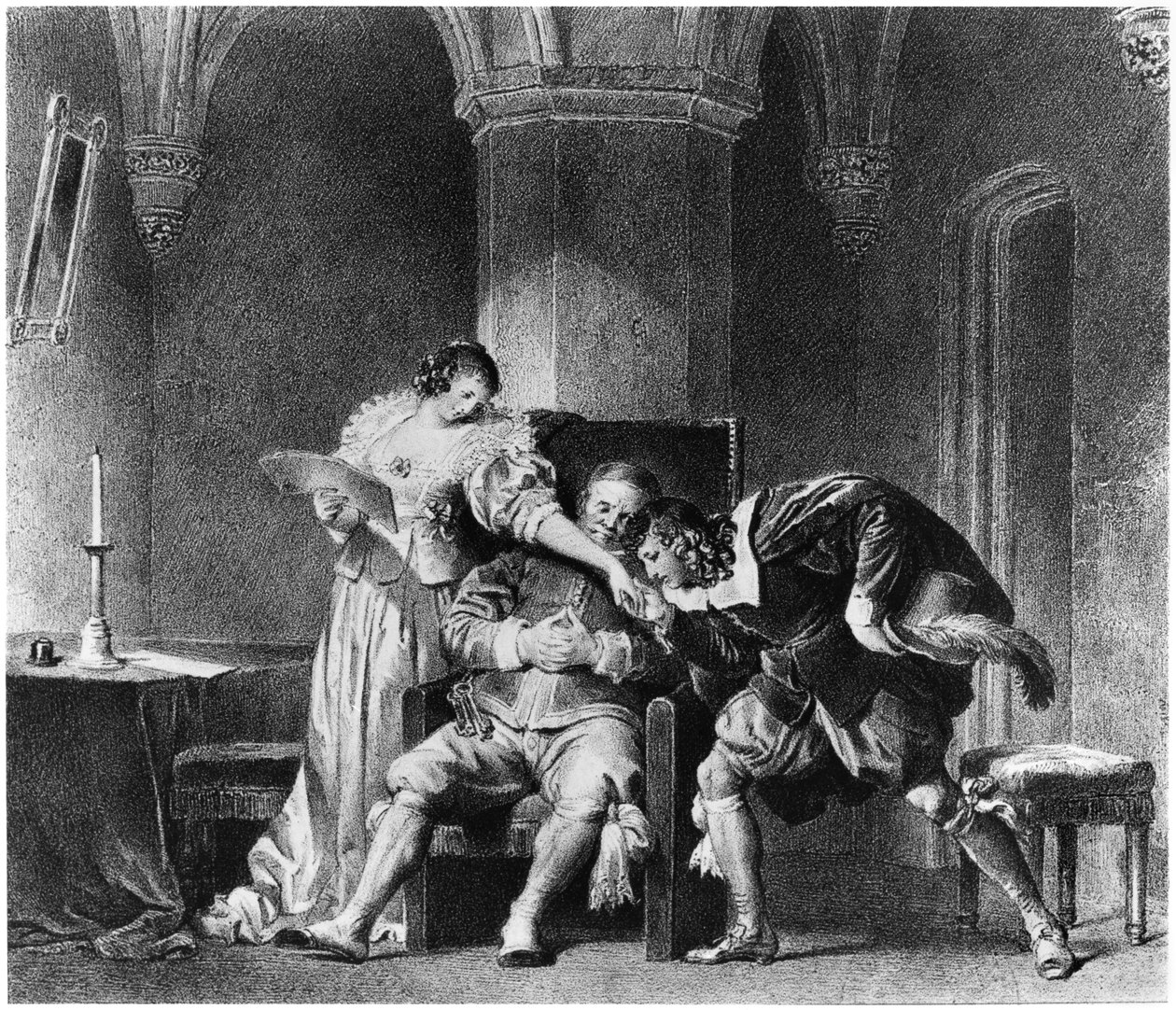 Rosine, Bartholo, hrabia Almaviva, ilustracja z „Cyrulika sewilskiego” Pierre’a Augustina Carona de Beaumarchais (1732-99) autorstwa Alfred Leon Lemercier