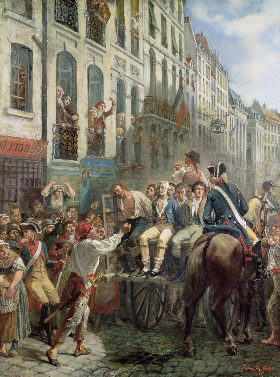 Robespierre (1758-94) i Saint-Just (1767-94) Wyjazd na gilotynę, 28 lipca 1794, 1884 autorstwa Alfred Mouillard