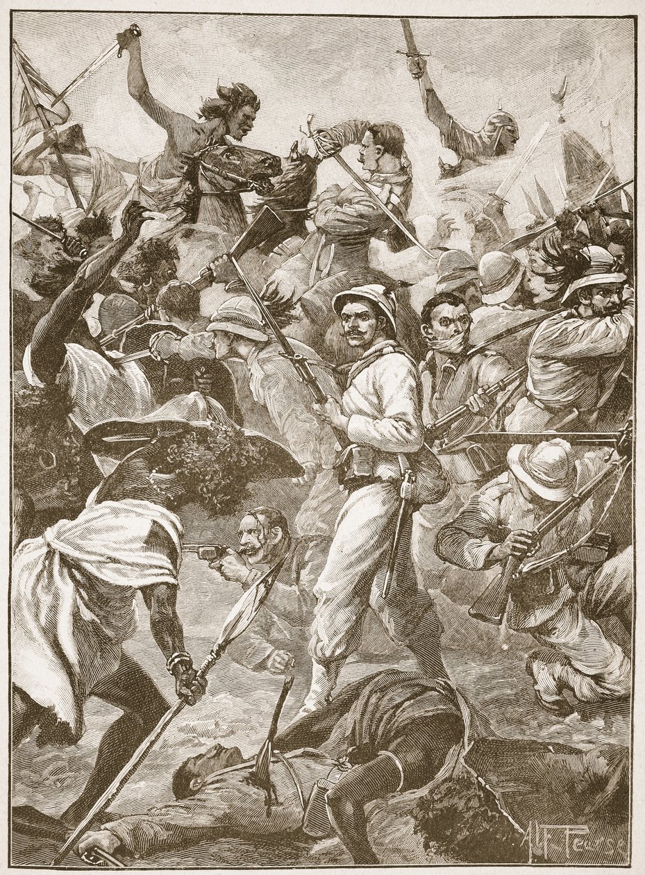 Garść Bersaglieri trzymających wysunięty słupek została pocięta na kawałki, ilustracja z „Bitwy XIX wieku” autorstwa Archibalda Forbesa, G.A. Henty i major Arthur Griffiths autorstwa Alfred Pearse