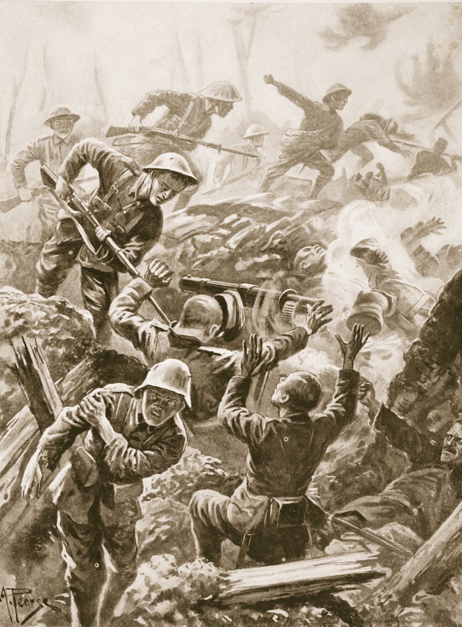 Sierżant R. Downie atakuje i zabija zespół strzelców, po czym chwyta broń autorstwa Alfred Pearse
