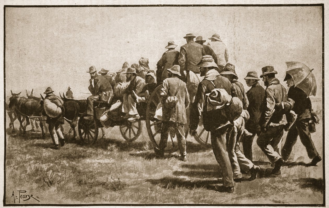 Niektórzy współwięźniowie Cronjego w drodze na Przylądek, ilustracja z „Bitwy XIX wieku”, tom. VI: Wojna burska z lat 1899-1900