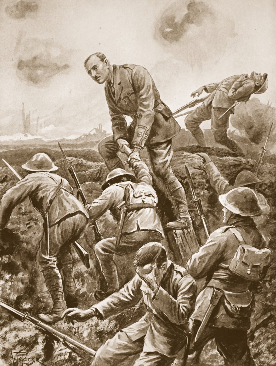Tymczasowy major S.W. Loudoun-Shand pomaga mężczyznom przejść przez parapet, gdy jest narażony na bardzo zaciekły ogień z karabinu maszynowego autorstwa Alfred Pearse