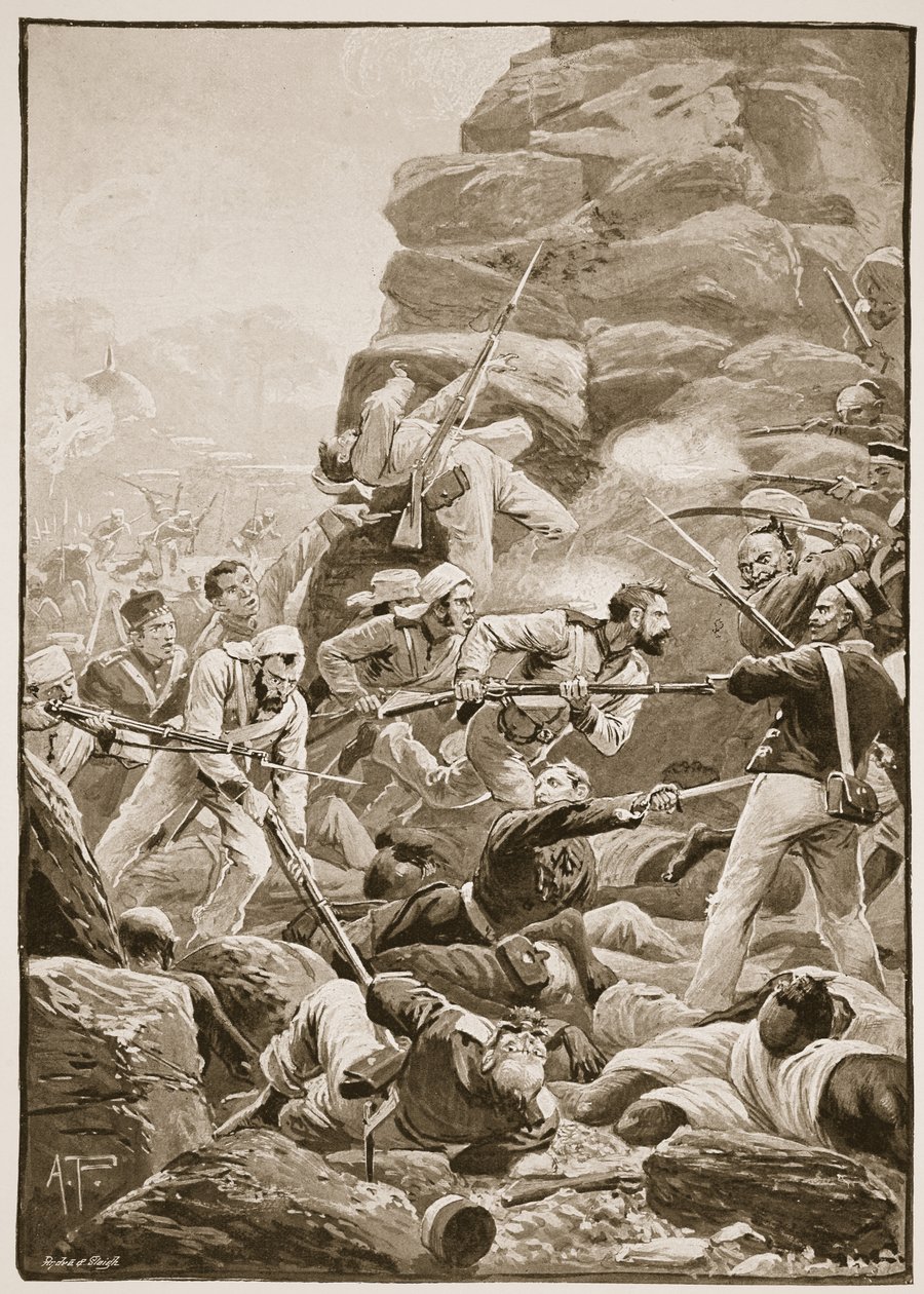 „Szturmowcy rzucili się na szczątki wyłomu”, ilustracja z „Bitwy XIX wieku” Archibalda Forbesa, G.A. Henty i major Arthur Griffiths autorstwa Alfred Pearse