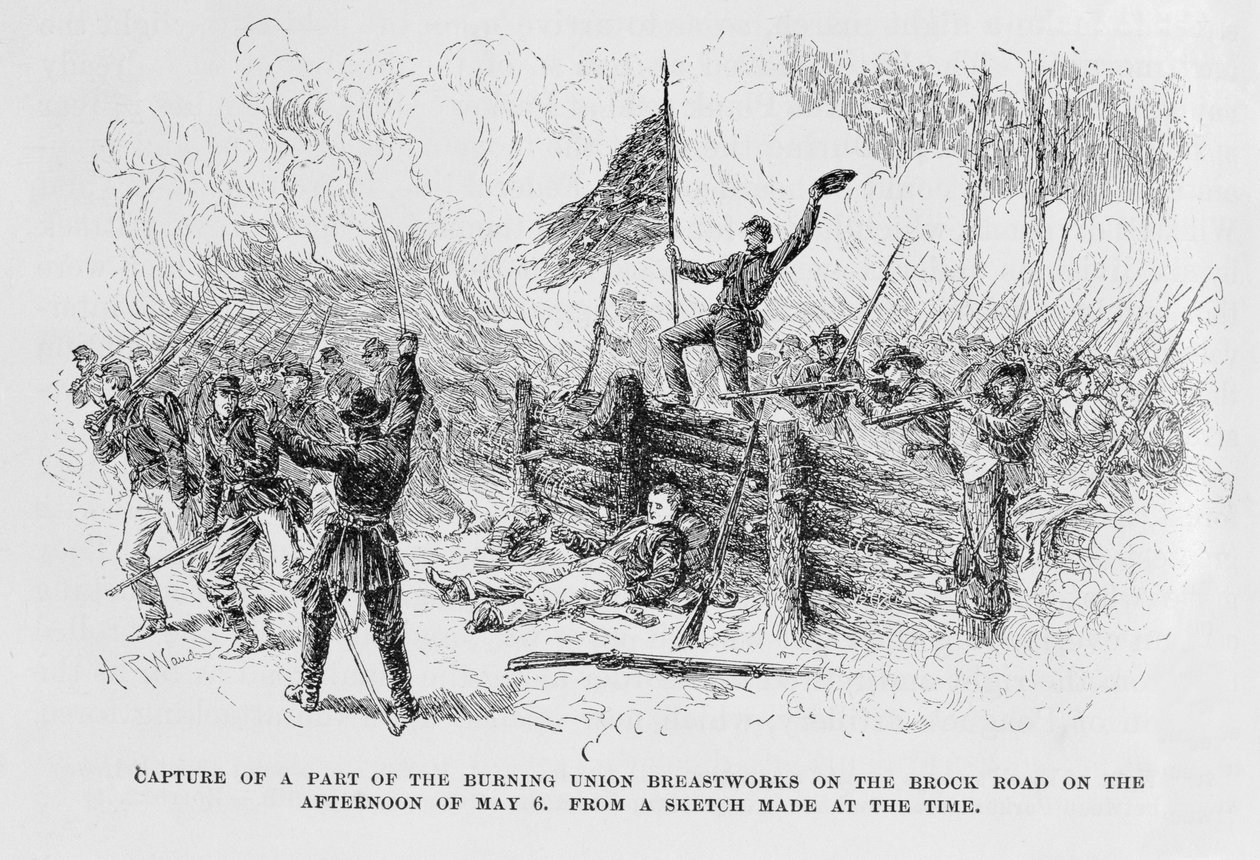Zdobycie części płonących umocnień Unii na Brock Road po południu 6 maja, ilustracja z "Battles and Leaders of the Civil War", pod redakcją Roberta Underwooda Johnsona i Clare autorstwa Alfred Rudolph Waud