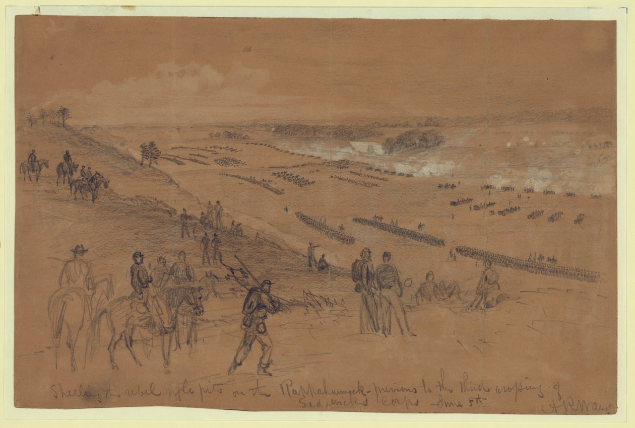 Ostrzał buntowniczych karabinów na Rappahannock autorstwa Alfred Rudolph Waud