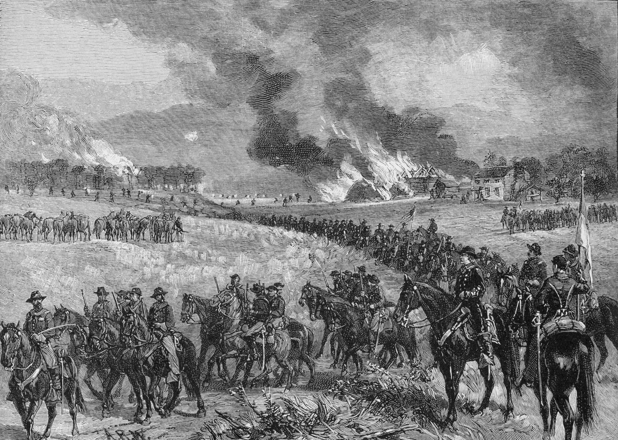 Tylna straż: dywizja generała Custera wycofująca się z Mount Jackson, 7 października 1864, ilustracja z „Battles and Leaders of the Civil War”, pod redakcją Roberta Underwooda Johnsona i Clarence