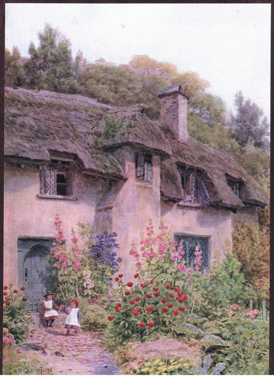 Ogród przydomowy, Selworthy, Somerset, z książki The Cottages and the Village Life of Rural England wydanej przez Dent & Sons Limited, 1912 autorstwa Alfred Robert Quinton