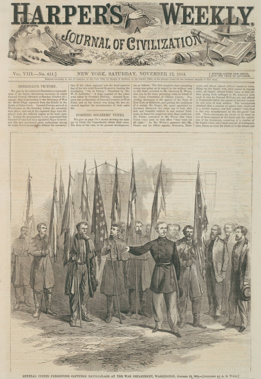 Generał Custer przedstawiający zdobyte flagi bojowe w Departamencie Wojny, Waszyngton, strona tytułowa „Tygodnika Harpera”, 1864 (drewno) autorstwa Alfred Rudolph Waud