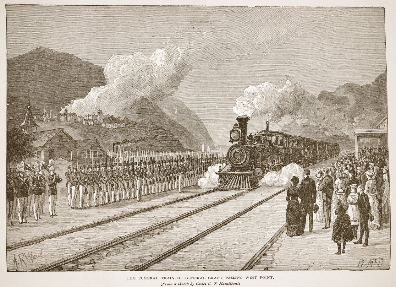 Pociąg pogrzebowy generała Granta Passing West Point, z pubu z książkami. 1896 autorstwa Alfred Rudolph Waud