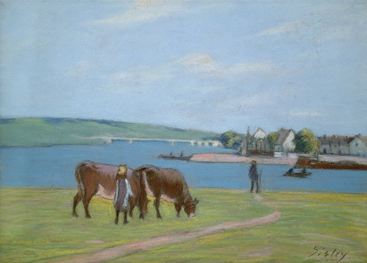 Krowy na brzegu Sekwany w Saint-Mammes (pastel) autorstwa Alfred Sisley