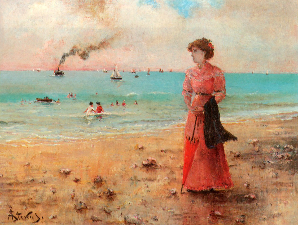 Młoda kobieta z czerwonym parasolem nad morzem autorstwa Alfred Emile Stevens