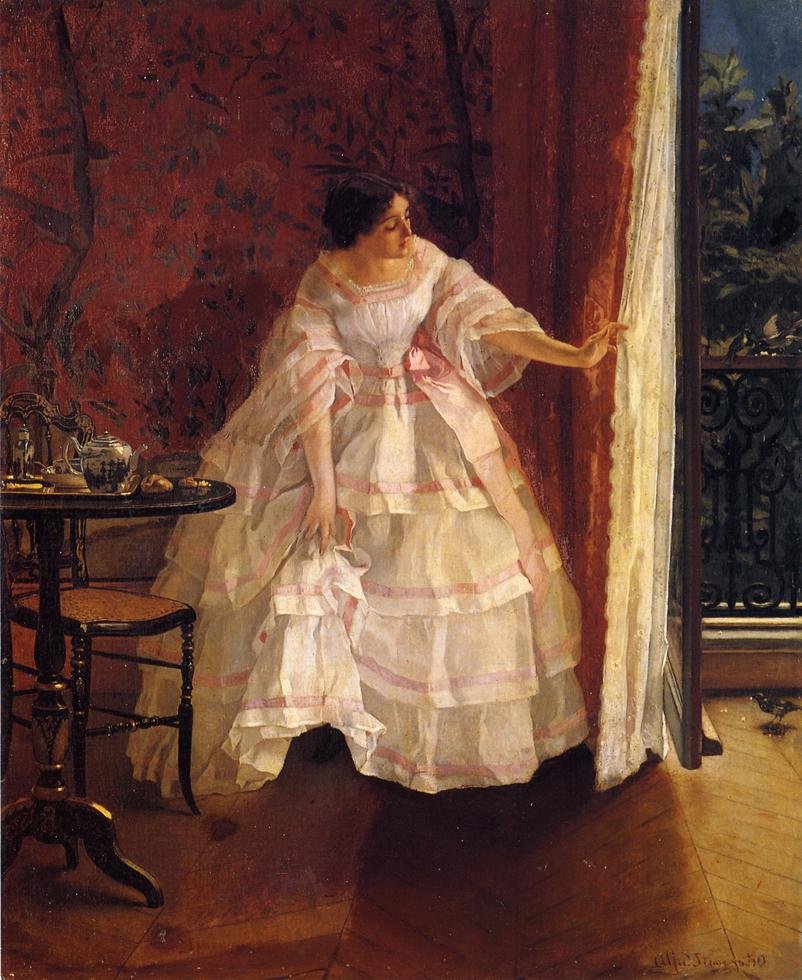 Pani przy oknie Karmi ptaki autorstwa Alfred Emile Stevens