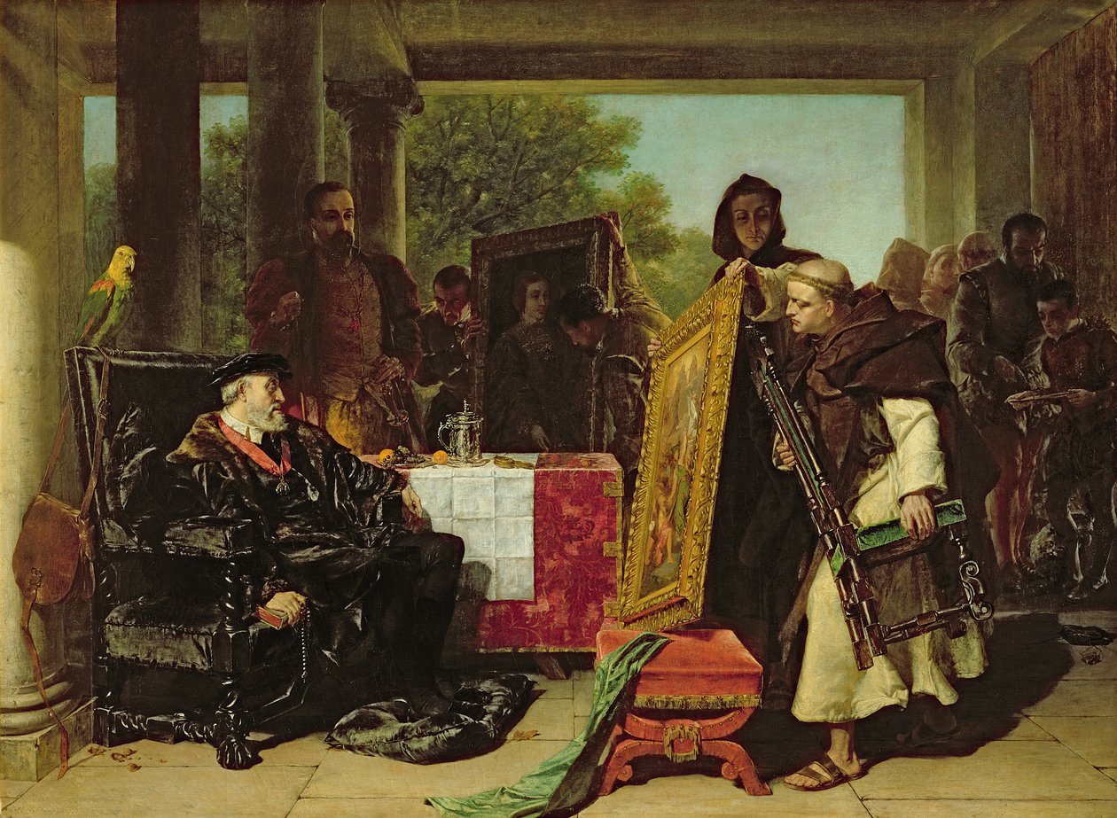 Cesarz Karol V (1500-58) w klasztorze Yuste, 1856 autorstwa Alfred W. Elmore