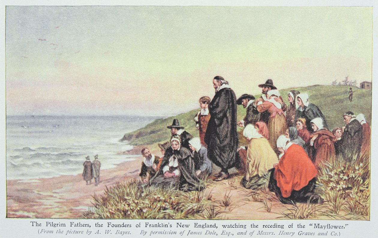 Ojcowie pielgrzymi, założyciele Nowej Anglii Franklina, oglądający cofanie się „Mayflower”, ilustracja z książki „Życie wielkich ludzi opowiedziane przez wielkich ludzi”, pod redakcją Richarda Wilsona, ok. 1920 r. (kolor autorstwa Alfred Walter Bayes