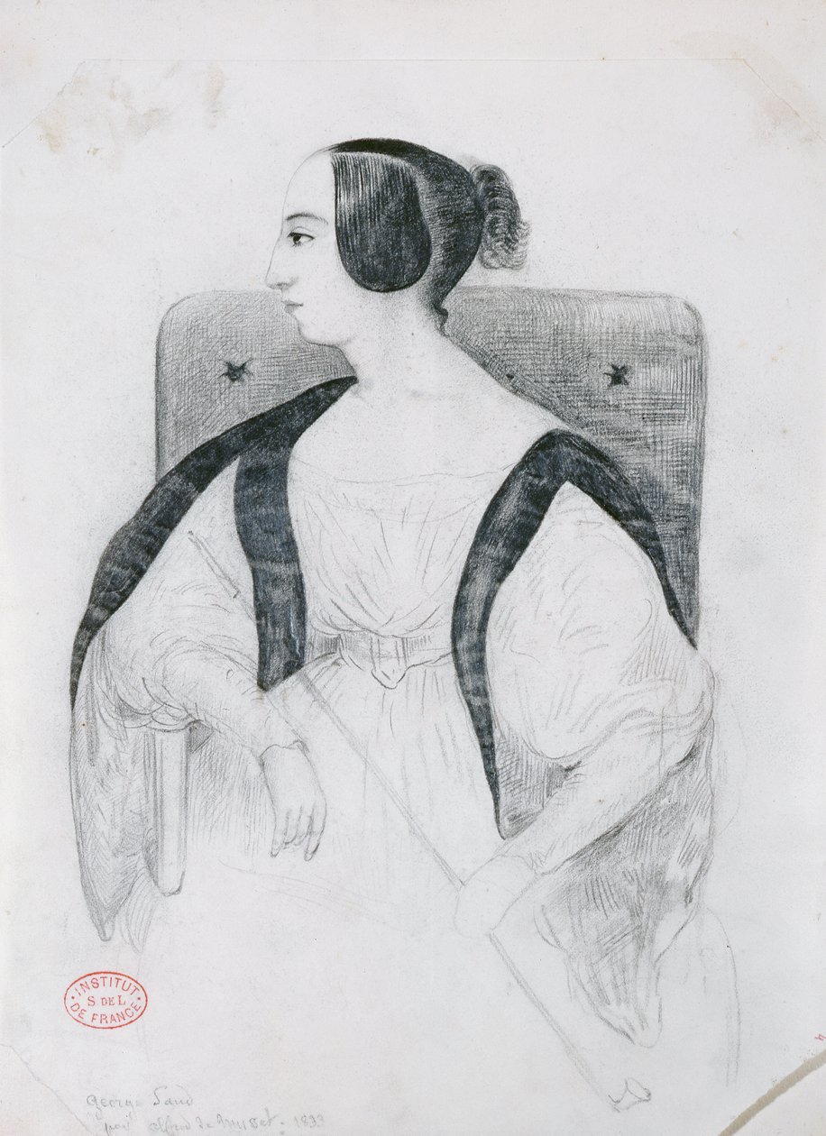 George Sand (1804-76) Siedząca w fotelu, 1833 autorstwa Alfred de Musset