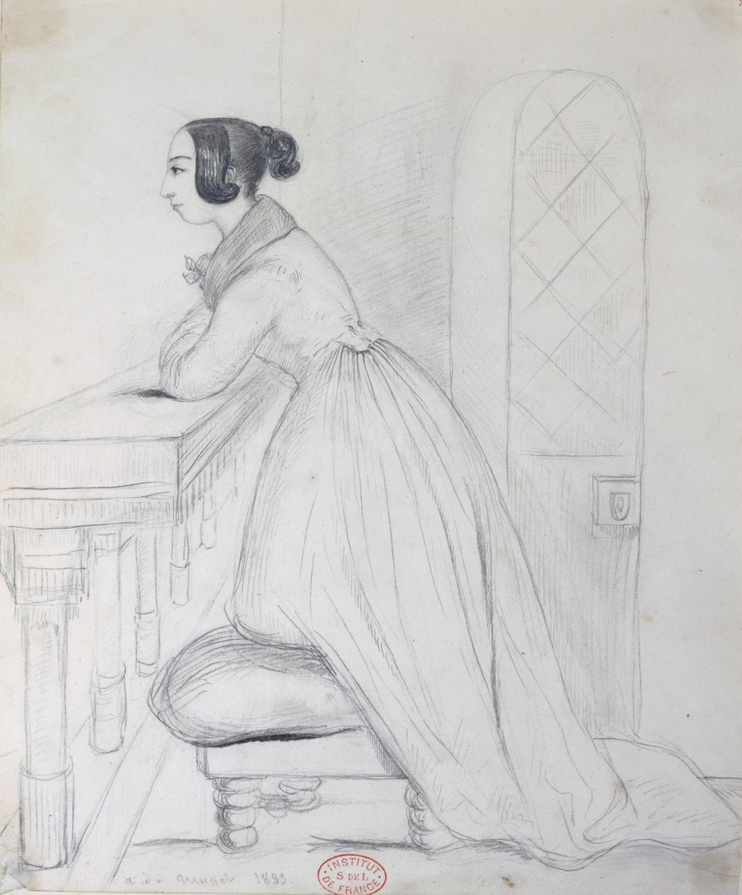 George Sand (1804-76) klęcząca na pufie i opierająca się łokciami o balustradę, 1833 autorstwa Alfred de Musset
