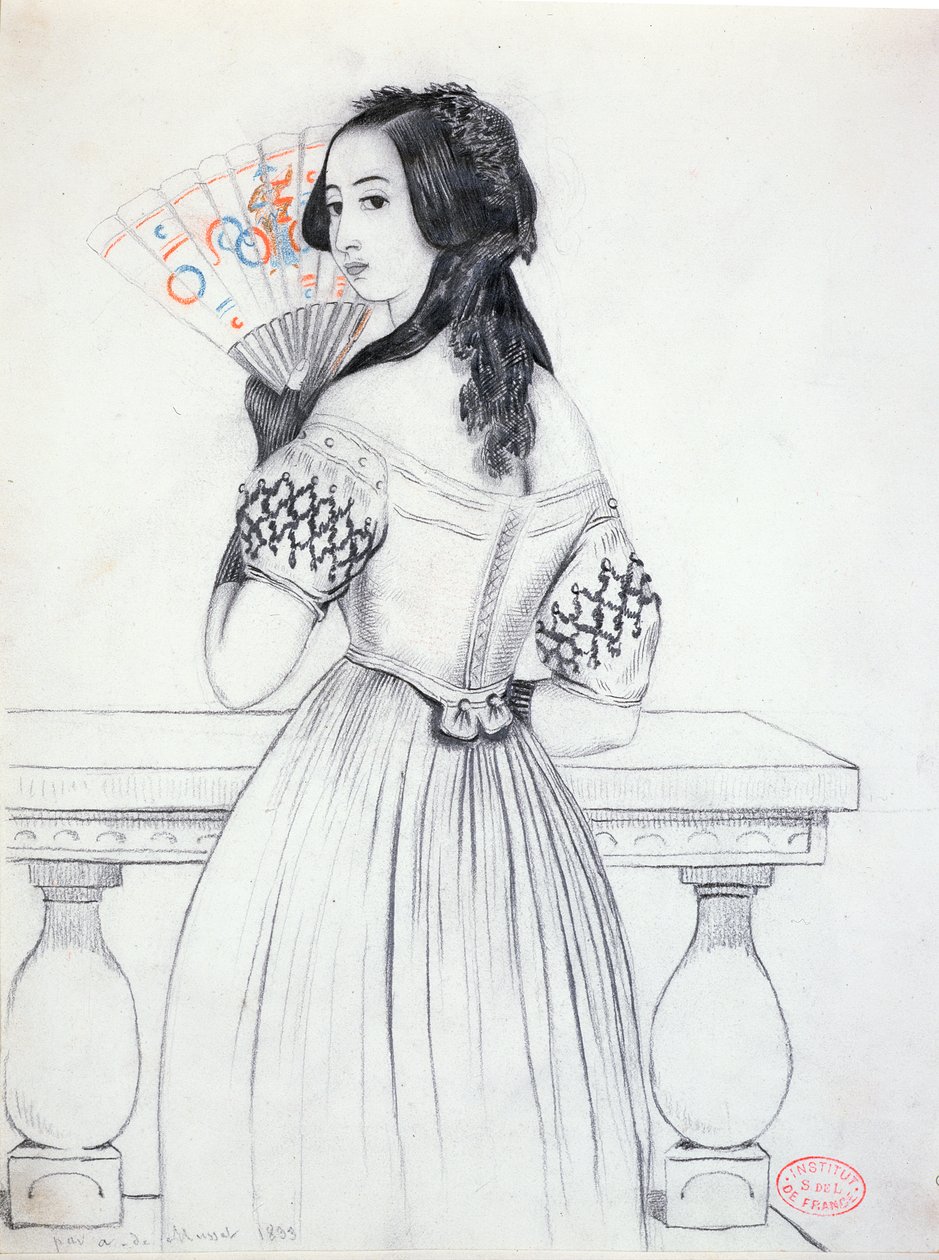 George Sand (1804-76) z wachlarzem, 1833 autorstwa Alfred de Musset