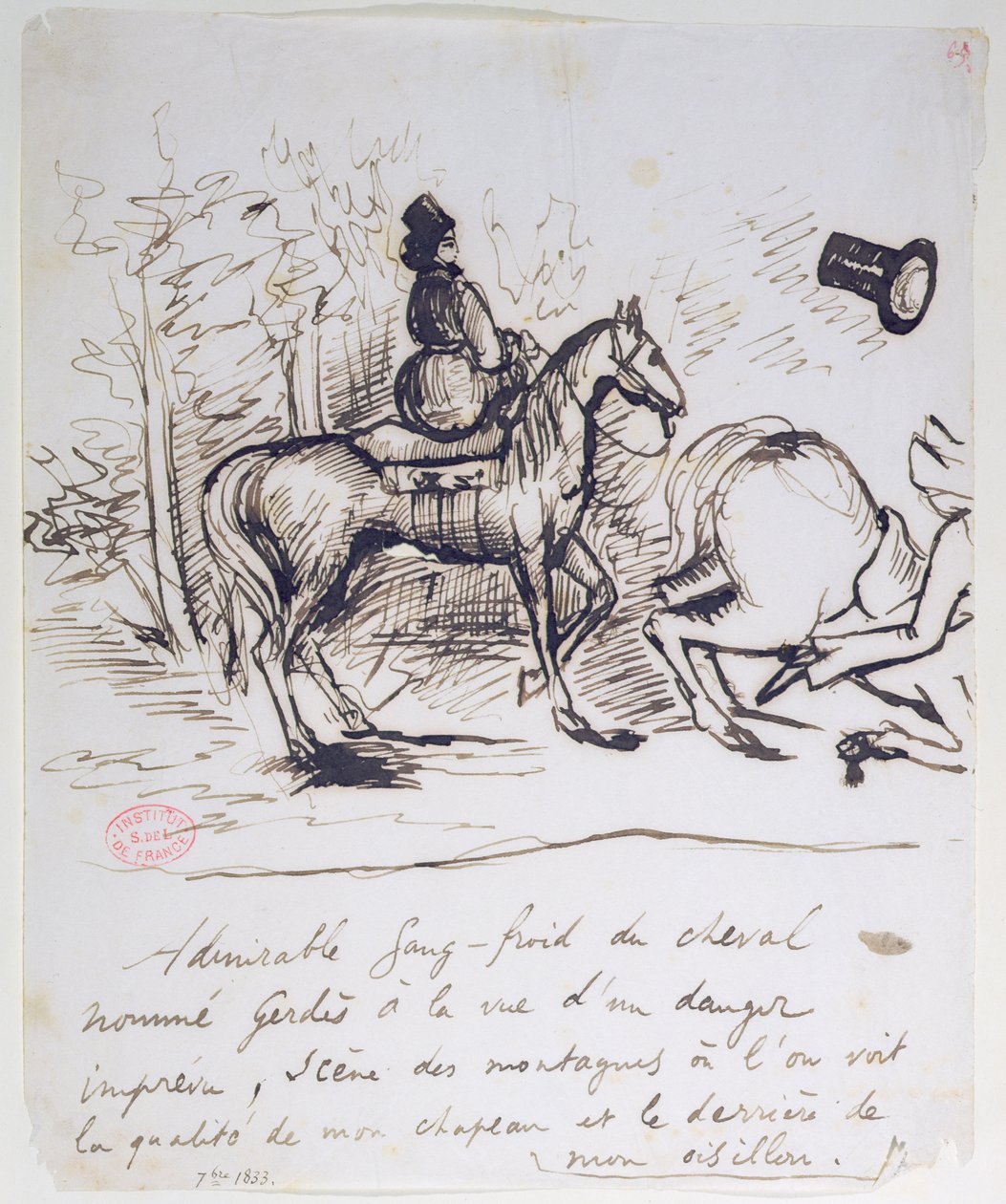 Koń George Sand pokazujący sangfroid za potykającym się koniem Alfreda de Musset (1810-57), wrzesień 1833 autorstwa Alfred de Musset