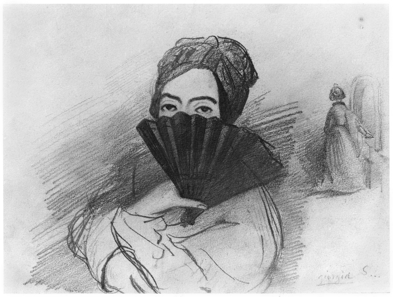 Portret George Sand (1804-76) za jej wachlarzem autorstwa Alfred de Musset