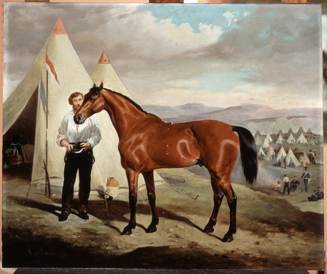 Sir Briggs, koń Lorda Tredegara (1831-1913) z 17. Ułanów, w obozie na Krymie 1854, 1856 autorstwa Alfred de Prades