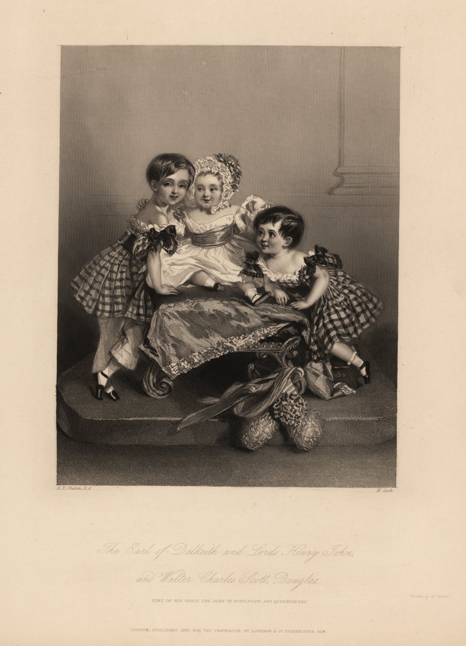 Hrabia Dalkeith (William Henry), Henry John i Walter Charles Scott Douglas, syn 5. księcia Buccleuch, 7. księcia Queensberry. Dwóch synów ma na sobie sukienki w kratę ze wstążkami, najmłodszy w czepek i satynową sukienkę. Grawer na stali autorstwa H. Cooka autorstwa Alfred Edward (after) Chalon
