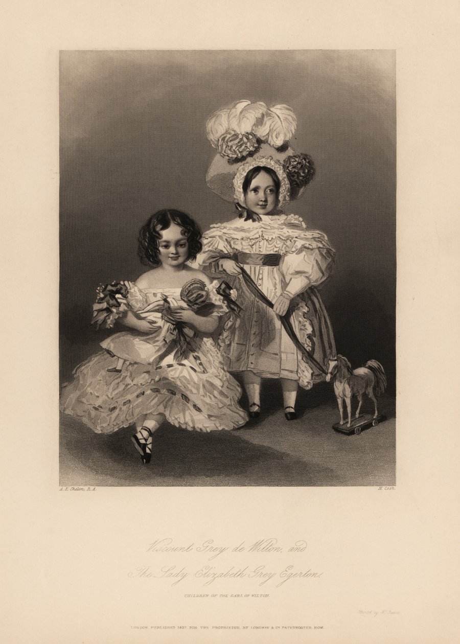 Wicehrabia Gray de Wilton i Elizabeth Grey Egerton, dzieci Thomasa Egertona, 2. hrabiego Wilton. Córka w lokach i plisowanej sukience trzyma lalkę, a syn w sukience i czepku z piór trzyma wstążkę przewiązaną do konia-zabawki. Grawerowanie stali autorstwa H autorstwa Alfred Edward (after) Chalon