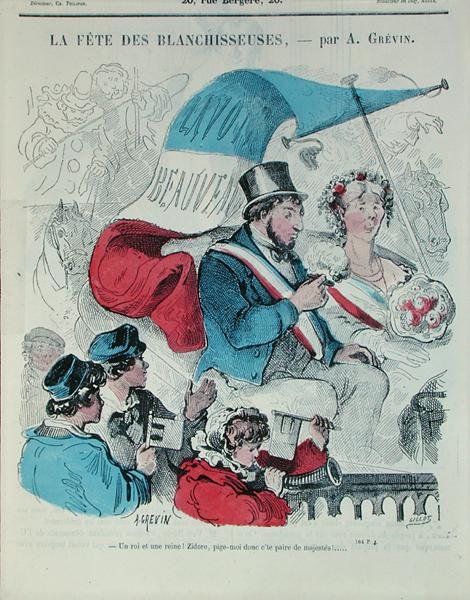 Karykatura przedstawiająca „Fete des Blanchisseuses”, grawerowana przez Gillota, ok. 1860 (kolorowa grawerunek) autorstwa Alfred (after) Grevin
