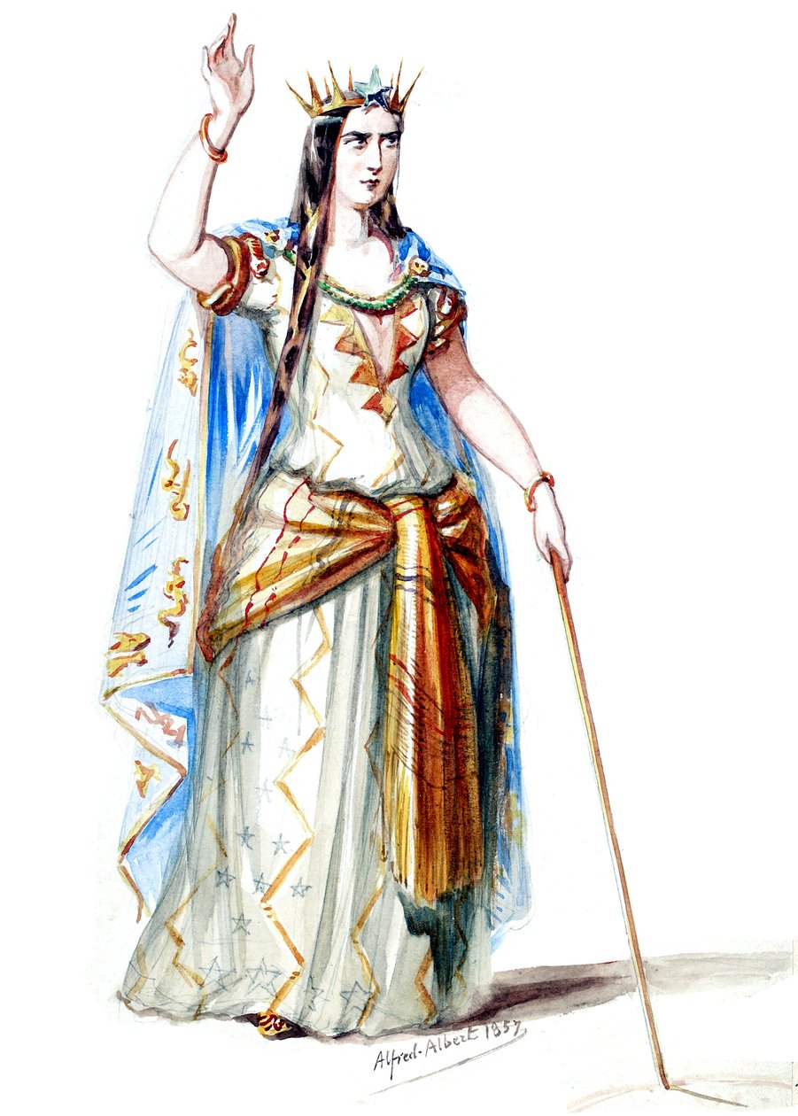 Halévy - La magicienne - modele kostiumów autorstwa Alfreda Alberta - 19. Mélusine, hrabina Lusignan, 1. kostium (wyretuszowany) autorstwa Alfred Albert