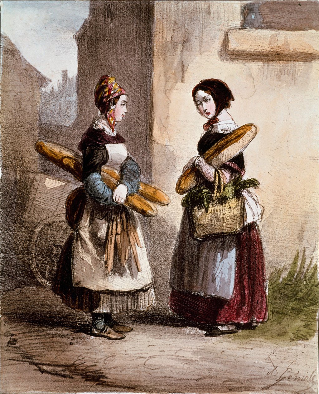Małe metiers: piekarnia. Młody chodzący kupiec chleba. Rycina Alfreda Andre Geniole (1813-1861) z „Les femmes de Paris” 1841-1842 Paryż, Musee Carnavalet autorstwa Alfred Andre Geniole