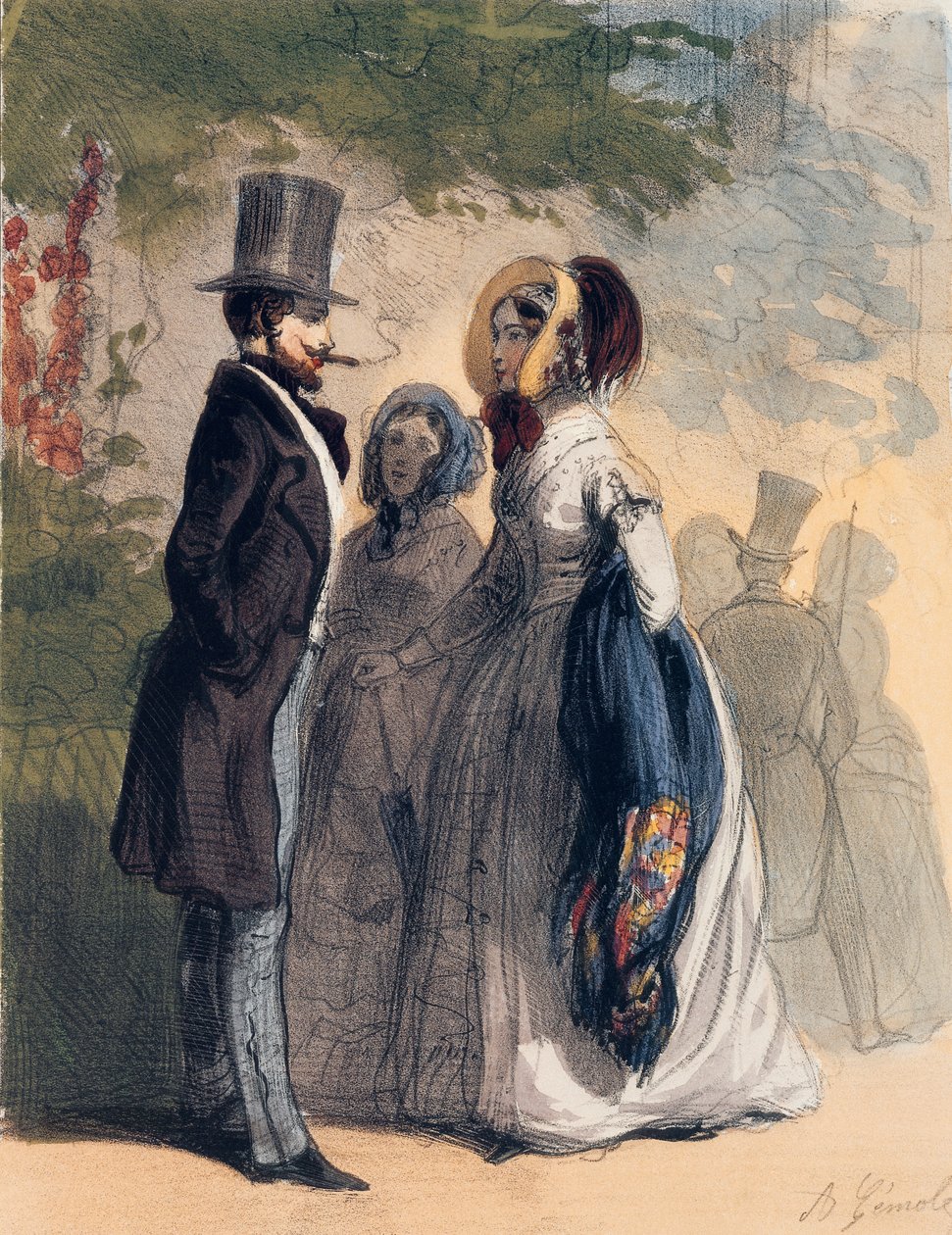 Regularny gość ogrodów Ranelagh, z „Les Femmes de Paris”, 1841-42 (kolor lito) autorstwa Alfred Andre Geniole