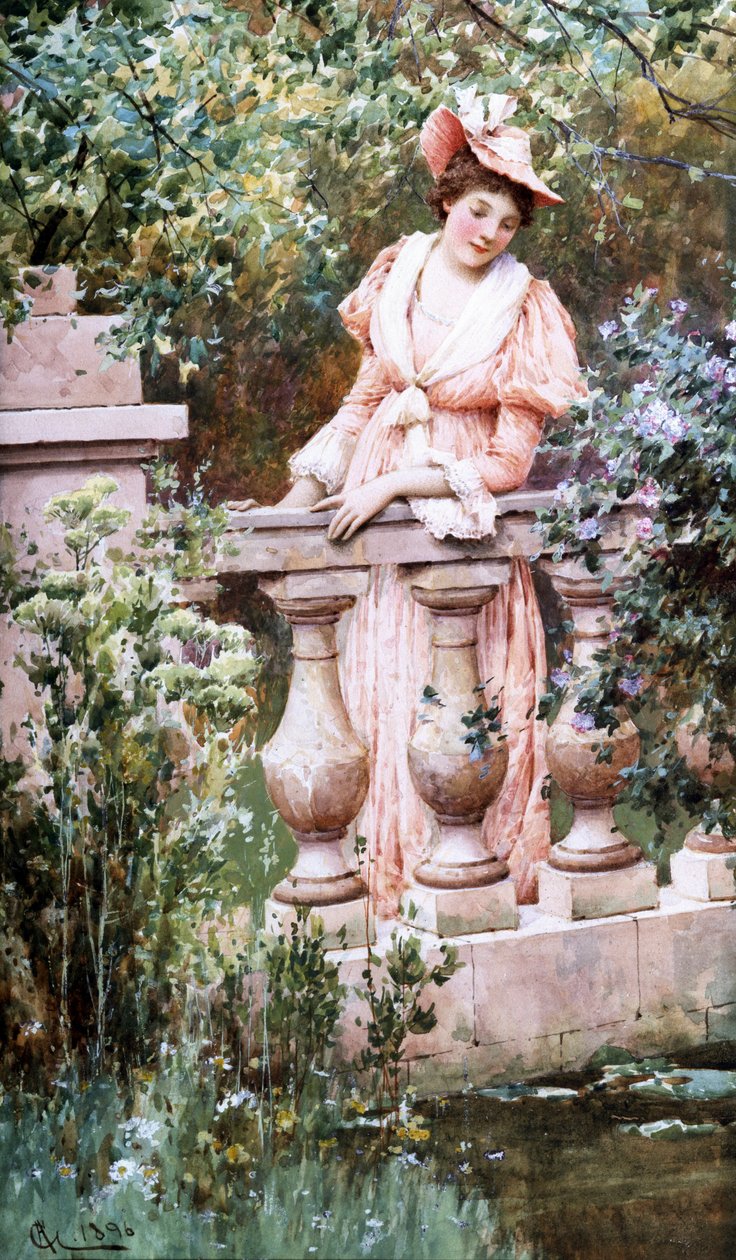 Chwile wolnego czasu. Elegancka kobieta patrzy na basen z balustradą. Peinture de Alfred Augustus I Glendening (ac.1861-d.1903 British) Collection privee autorstwa Alfred Augustus Glendening