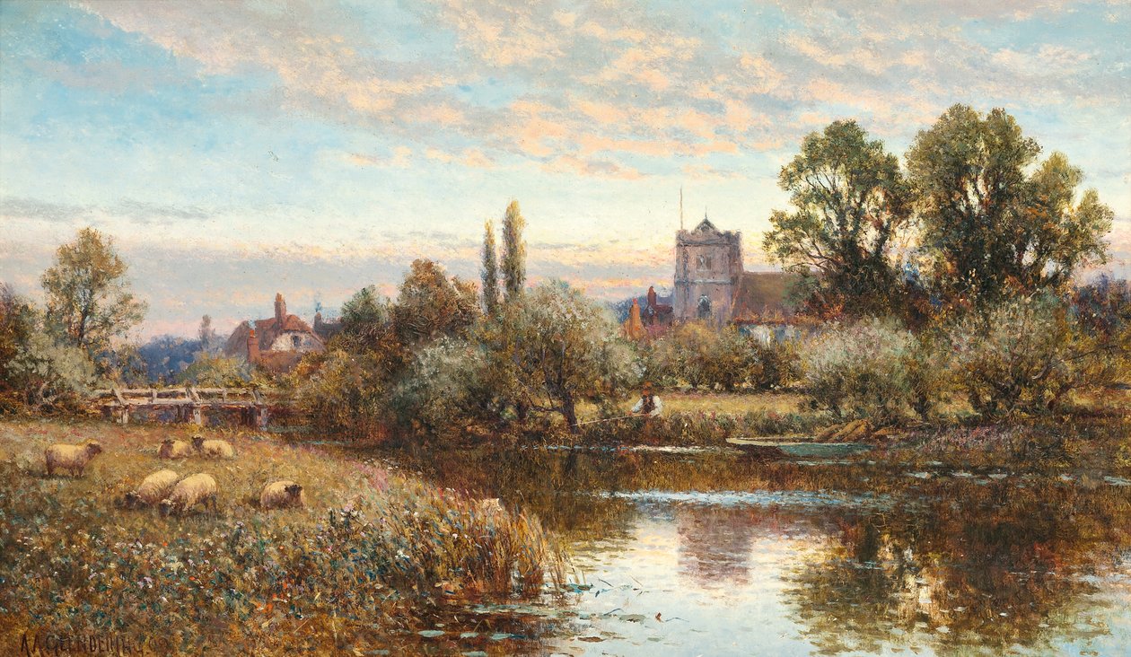 Wypas owiec przed kościołem Wrotham, zmierzch autorstwa Alfred Augustus Glendening