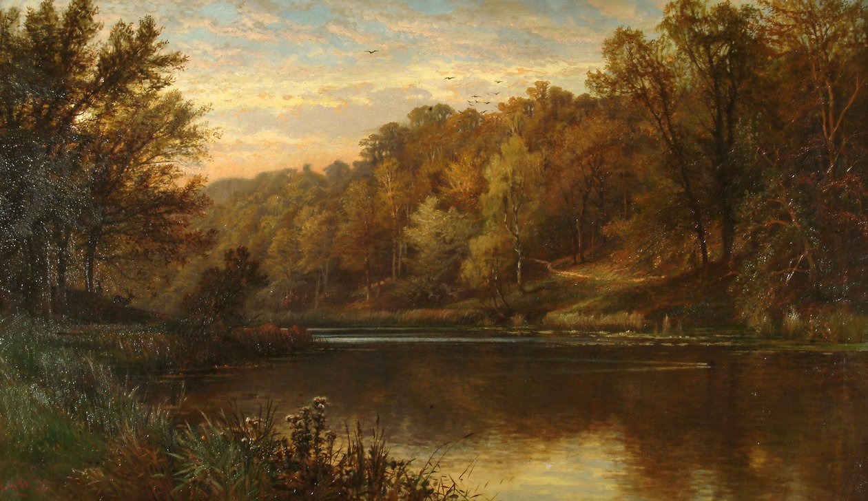 Jesień nad jeziorem Swanbourne, zachód słońca w parku Arundel autorstwa Alfred Augustus Glendening