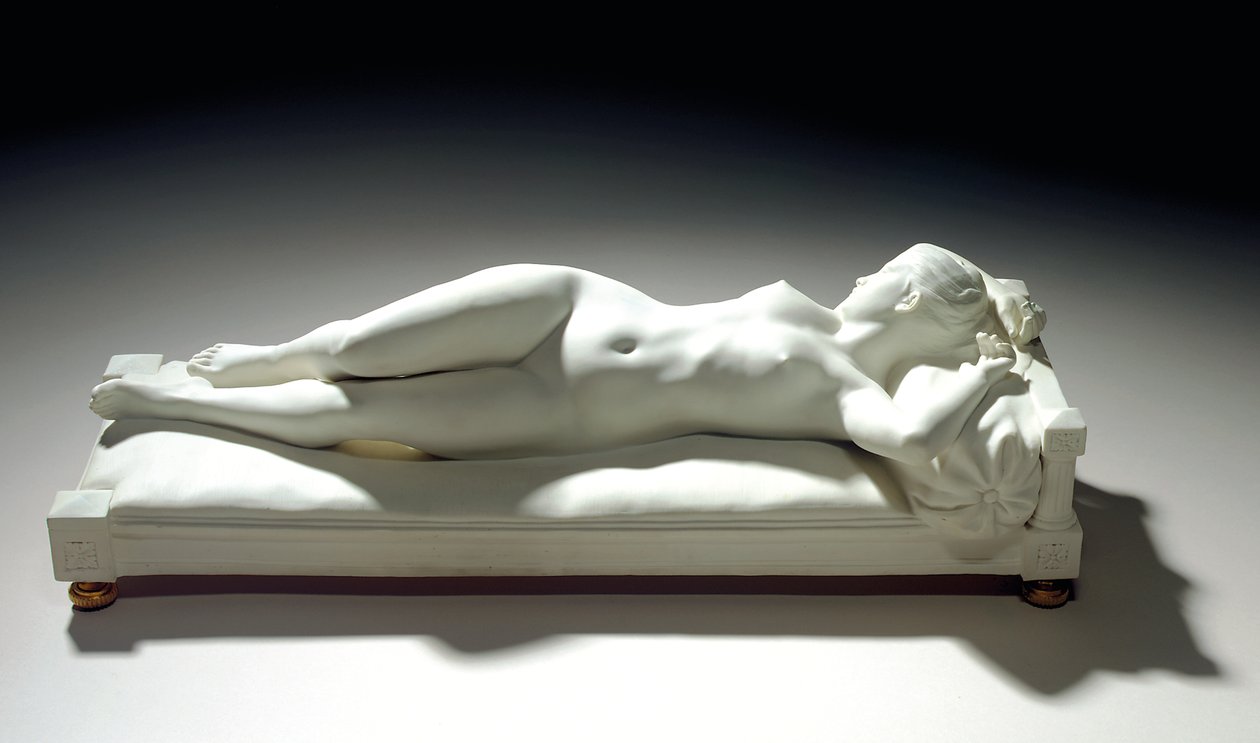 Sevres biszkoptowa figura leżącej nagości, „Le Repos” autorstwa Alfred Boucher