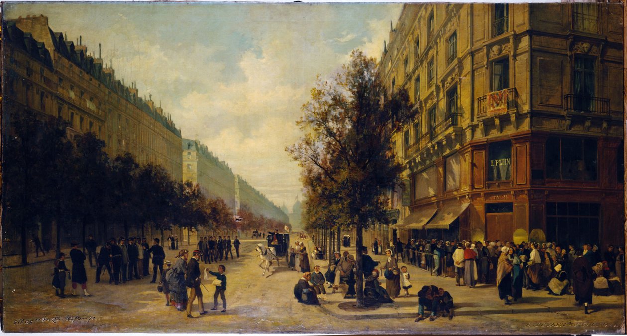 Ogon przy drzwiach sklepu spożywczego (róg rue Réaumur i bulwaru Sébastopol) w listopadzie 1870 roku, 1871 (olej na płótnie) autorstwa Alfred /Brunner Lacoste Emile (1838 81) Decaen