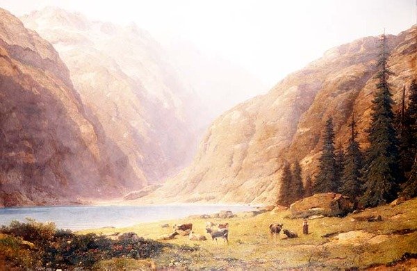 Górzysty krajobraz jeziora z bydłem autorstwa Alfred Chavannes