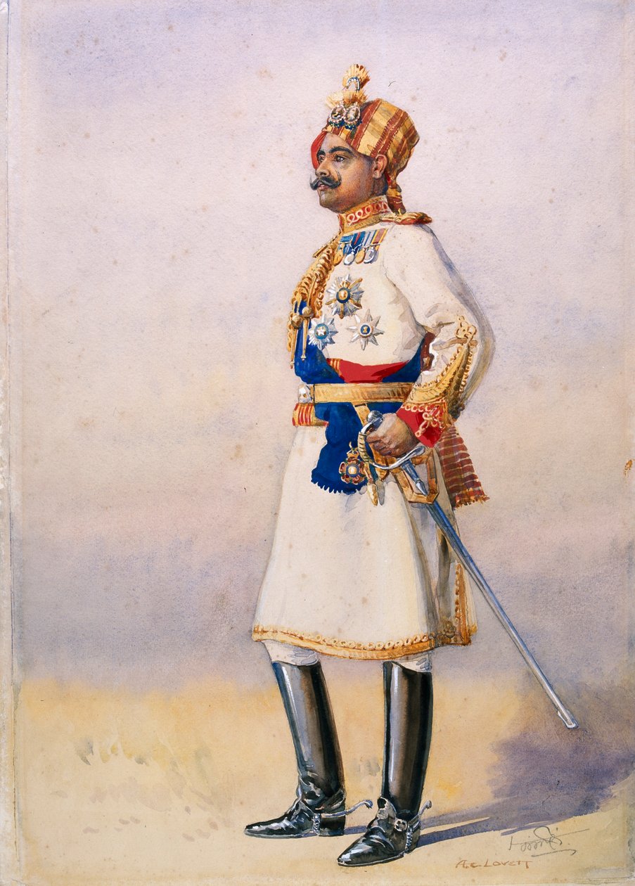 Pułkownik honorowy H.H. Maharadża Sir Ganja Singh, Bahadur of Bikaner, ilustracja do "Armii Indii" autorstwa majora G.F. MacMunna, opublikowana w 1911 r. autorstwa Alfred Crowdy Lovett