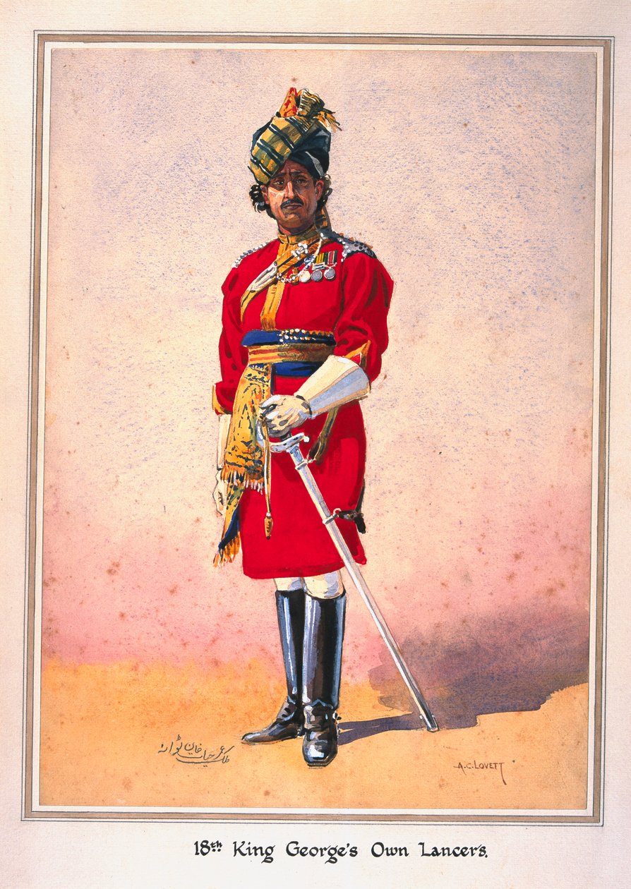 Honorowy porucznik Hon Malik Umar Hayat Khan, CIE, Tiwana of Ahahpur (muzułmanin z Pendżabu) ilustracja do „Armies of India” autorstwa majora G.F. MacMunn, wydana w 1911, 1910 autorstwa Alfred Crowdy Lovett
