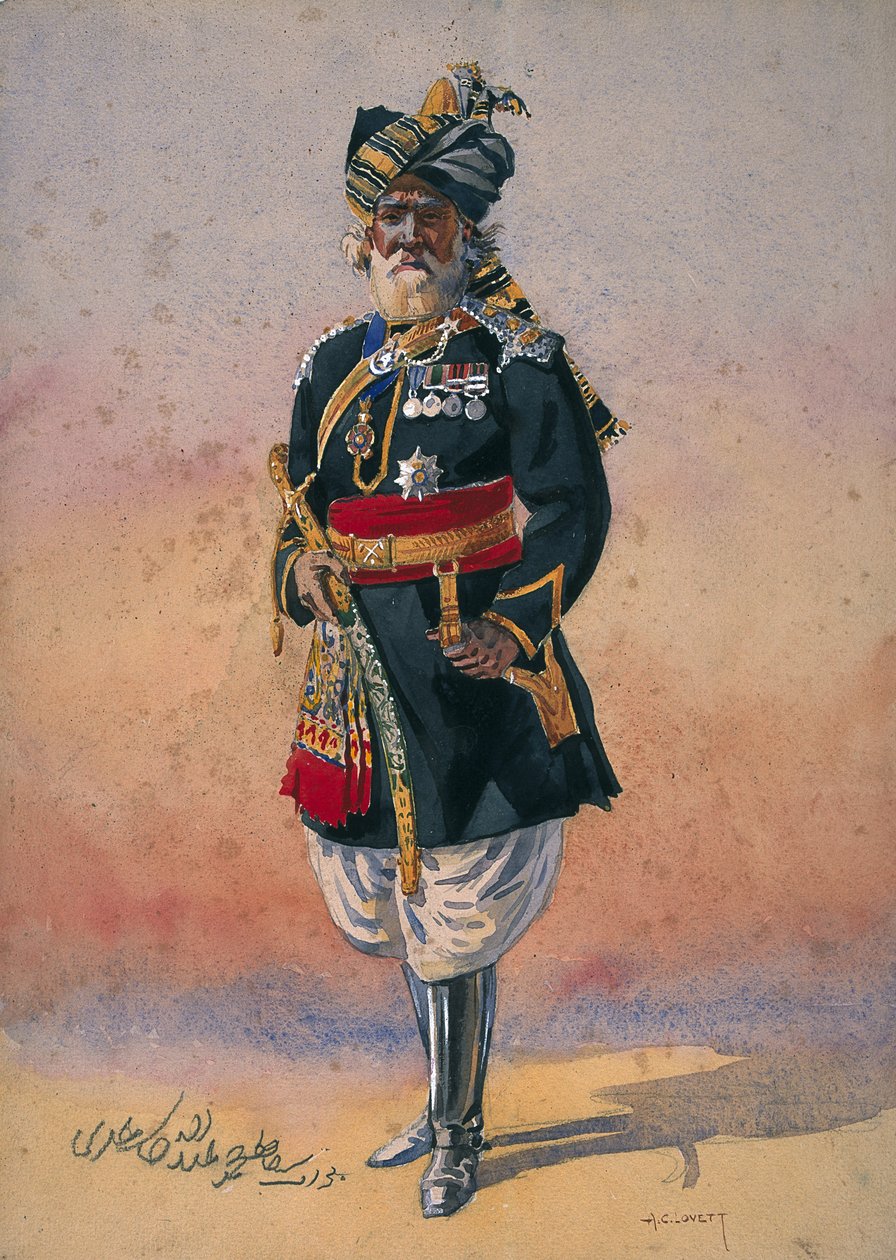 Honorowe przykazanie tubylcze Nawab Sir Hafiz Muhammad Abdullah Khan, KCIE, ilustracja do „Armie Indii” autorstwa majora G.F. MacMunn, wydana w 1911, 1910 autorstwa Alfred Crowdy Lovett