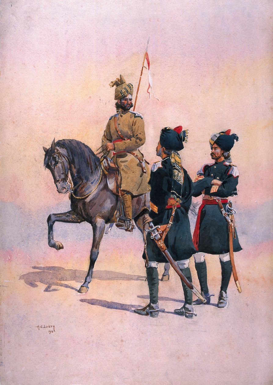 Żołnierz 37. ułanów (koń baludzki) Baluch, 36. szlachta Jakuba i 35. koń Scinde, Kot Daffadar Baluch, ilustracja do „Armies of India” majora G.F. MacMunn, opublikowany w autorstwa Alfred Crowdy Lovett