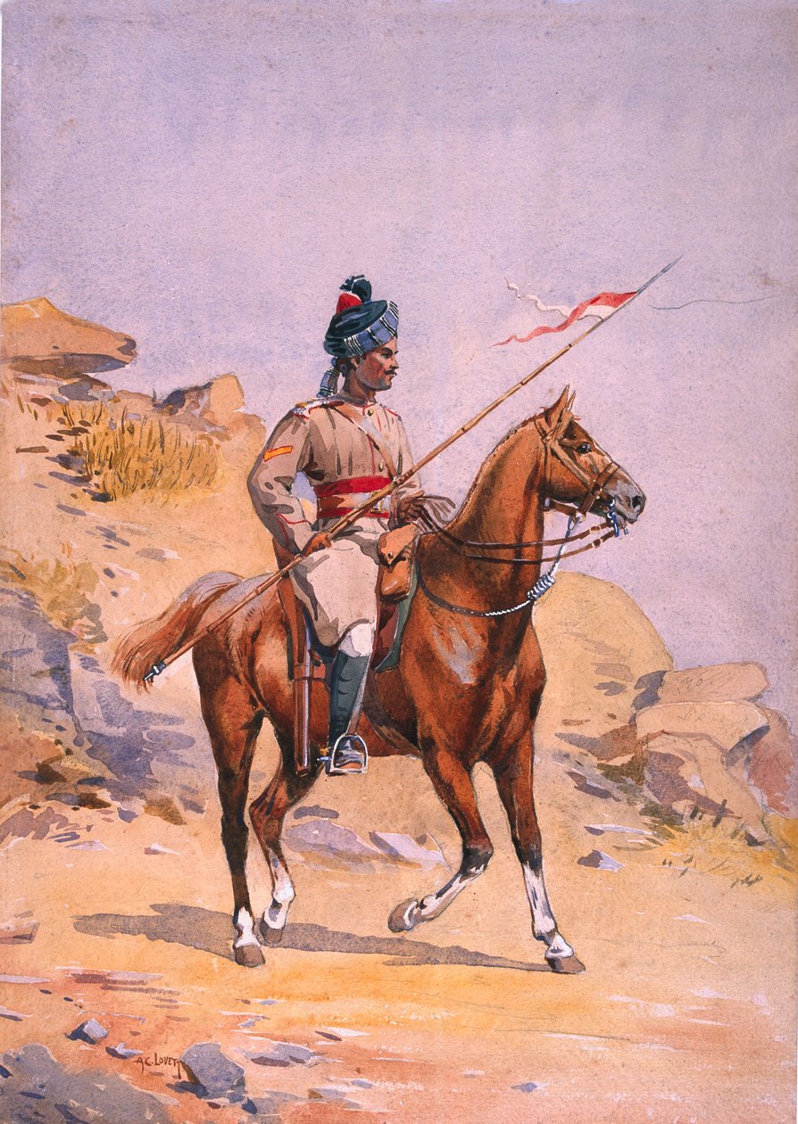 Ilustracja żołnierza 38. Księcia Walii Gorse Środkowoindyjskiego, Lance Dafadar Gakbar (musalman pendżabski) do „Armie Indii” majora G.F. MacMunn, opublikowany w 1911 autorstwa Alfred Crowdy Lovett