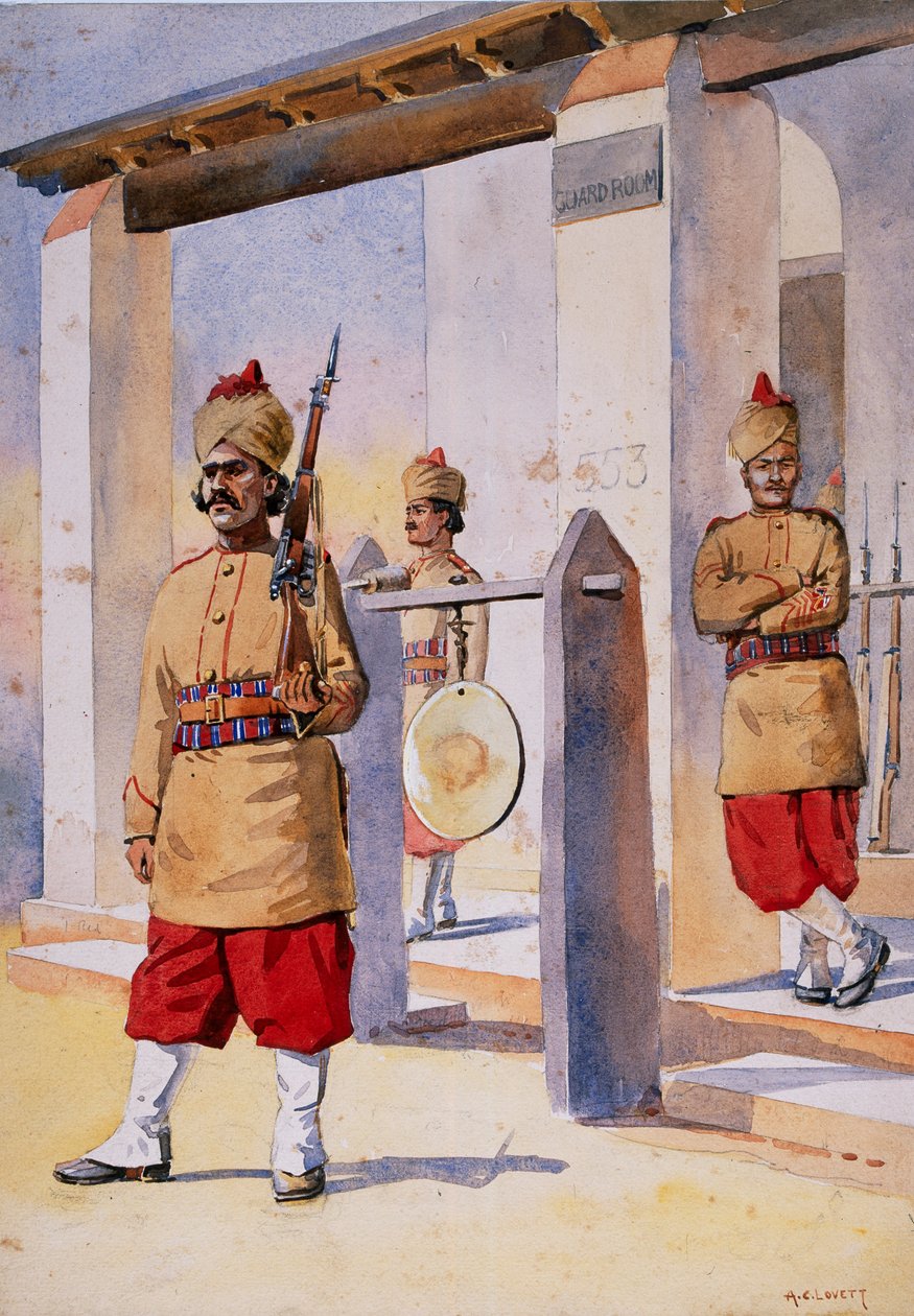 Żołnierze 124. piechoty beludżystanu należącej do księżnej Connaught, ilustracja do „Armie Indii” majora G.F. MacMunn, wydana w 1911, 1908 autorstwa Alfred Crowdy Lovett