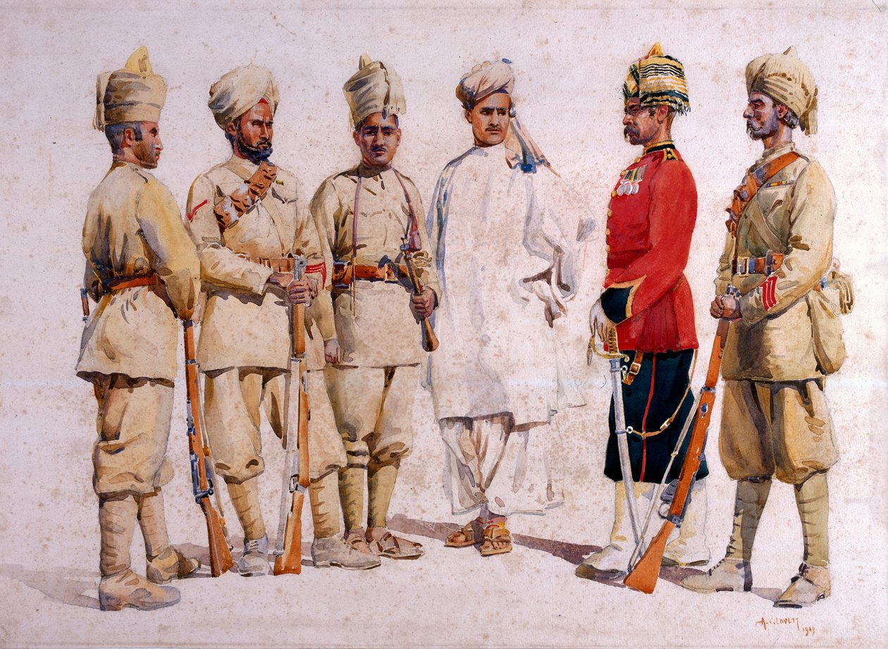 Żołnierze 19. Pendżabów Afridi z Tirah, ilustracja do "Armii Indii" autorstwa majora G.F. MacMunna, opublikowana w 1911 roku, 1909 autorstwa Alfred Crowdy Lovett
