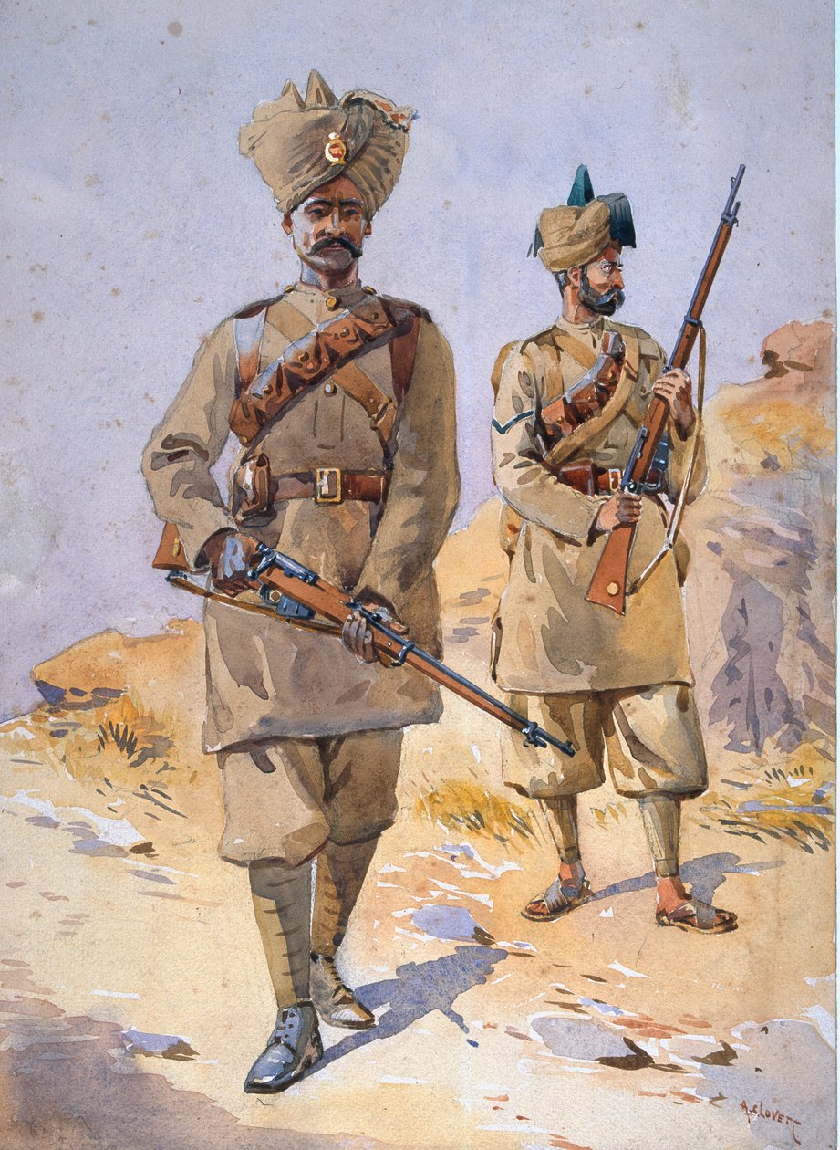 Żołnierze 30. Pendżabis, Awan i 20. Własnej Piechoty Księcia Cambridge, ilustracja do "Armii Indii" autorstwa majora G.F. MacMunna, wydana w 1911 r., 1908 autorstwa Alfred Crowdy Lovett
