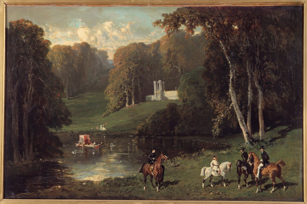 Jeźdźcy i Amazonki nad brzegiem jeziora Obraz Alfreda de Dreux (1810-1860) XIX w. nd. 0,43x0,65m² autorstwa Alfred Dedreux