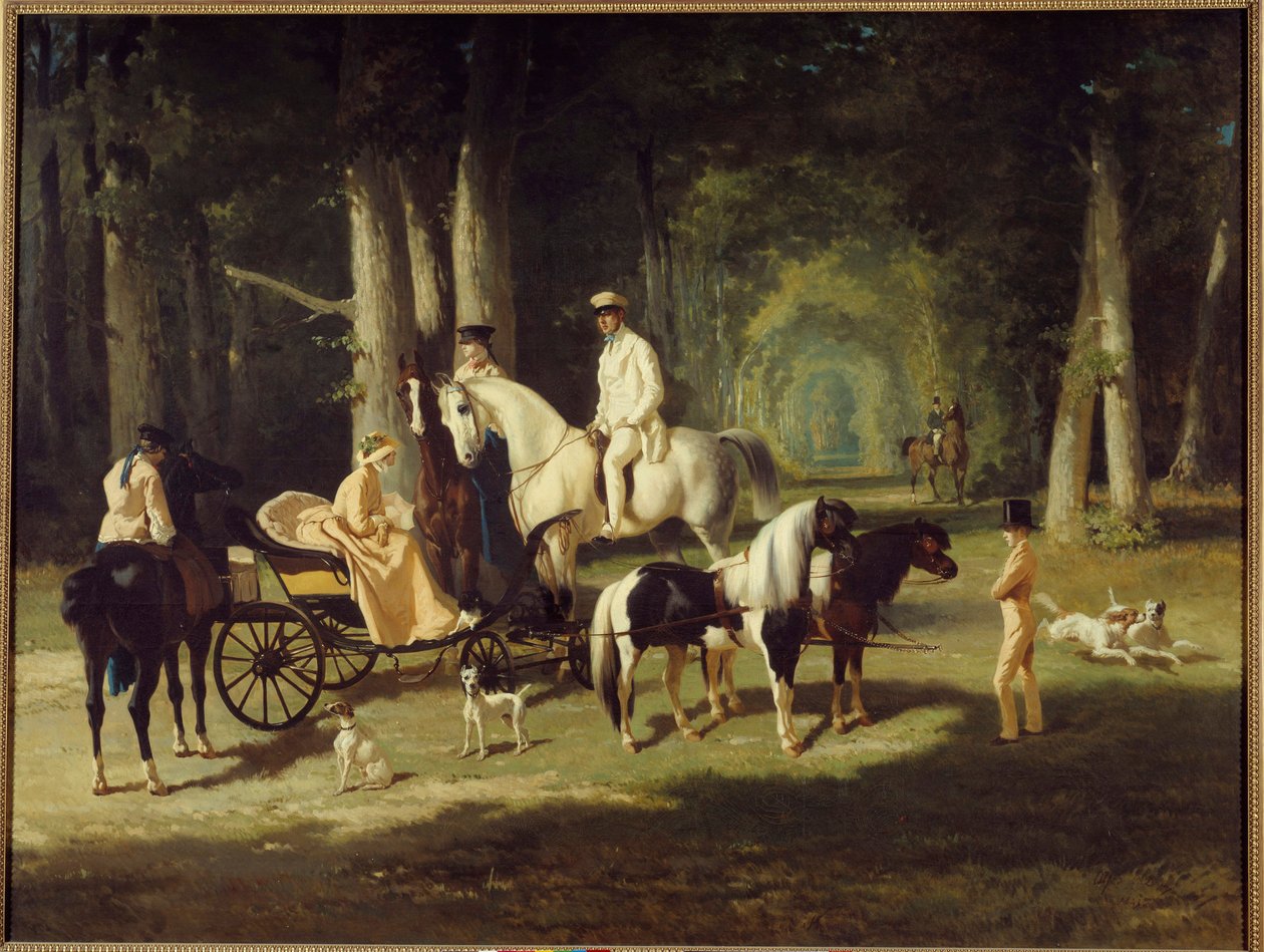 Państwo A. Mosselman i ich dwie córki Spacerują konno po lesie. Obraz Alfreda de Dreux (1810-1860) 1848 Nd. 2x2,65 m Paryż, muzeum Petite Palais autorstwa Alfred Dedreux