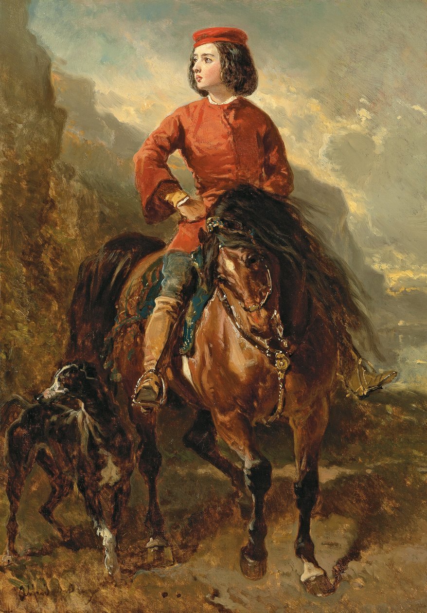 Młody jeździec na Szetlandach z chartem; Jeune cavalier montant un shetland et levrier, XIX w. autorstwa Alfred Dedreux
